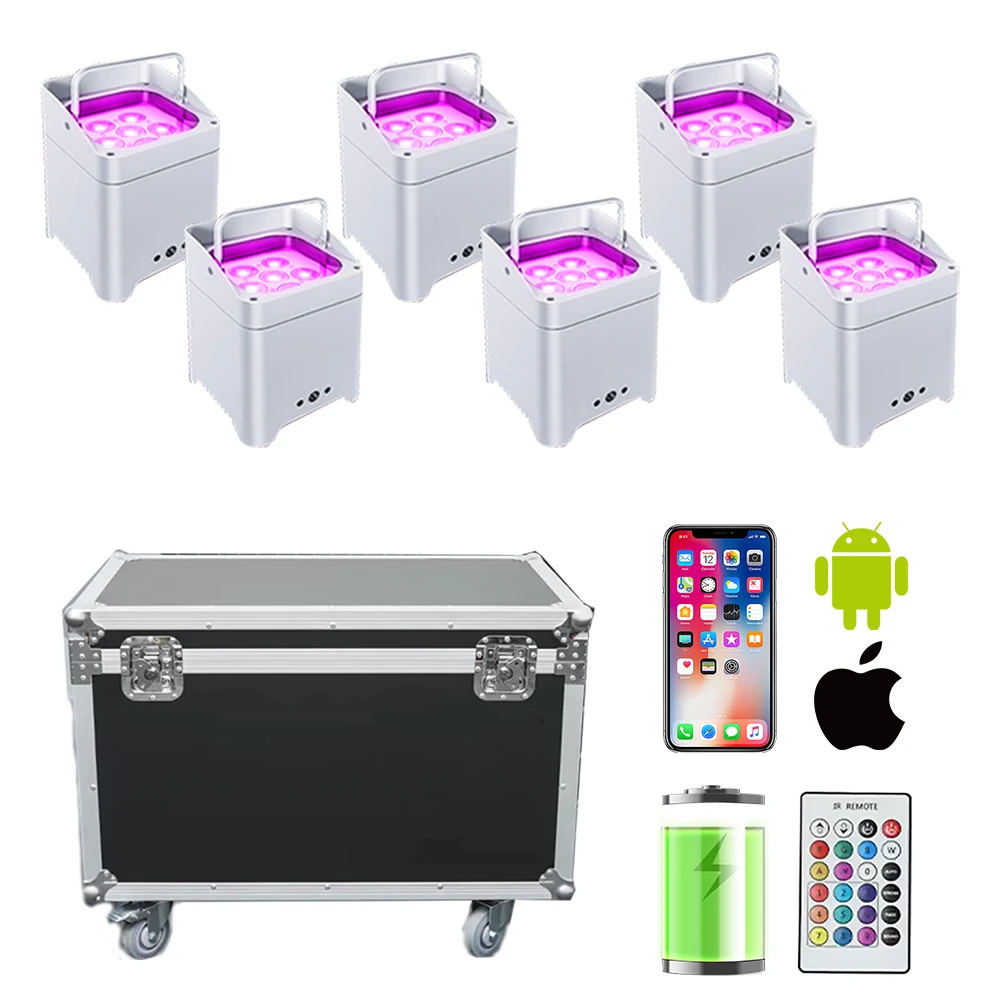 

6pcs Battery Led Par Light with Flightcase Wedding Lights 6x18w DMX RGBWAUV Wireless Wifi Remote Control Dj Par Party Lighting