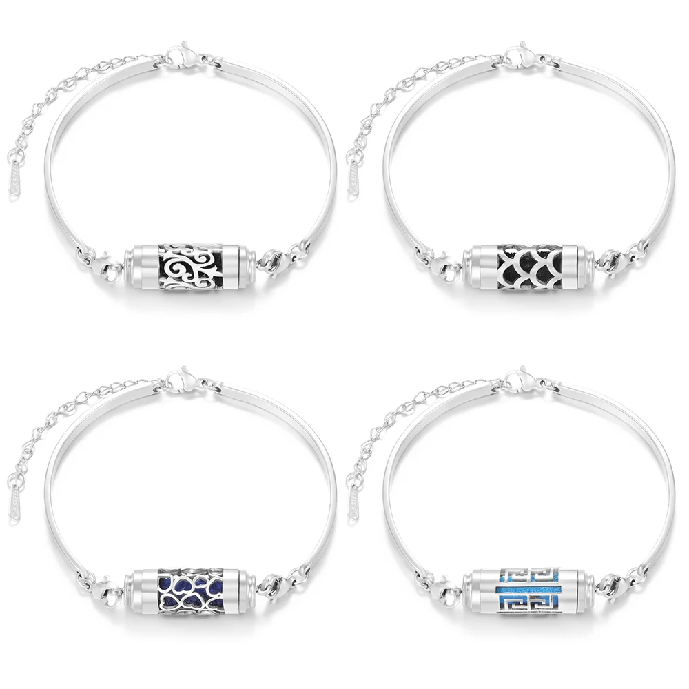 New Hollow Pattern Stainless Steel Aromatherapy Diffuser Perfume Essential Oil Lockets Bangle Women Wristband Strap Jewelry Gift