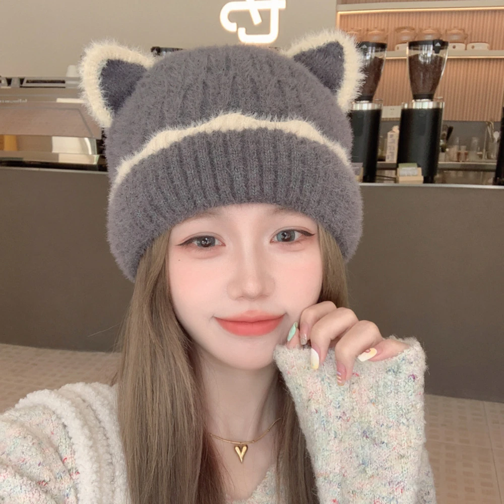 

New Cute Cat Ears Beanie Autumn And Winter Women's Warm Large Head Cold-proof Hat Fashionable Versatile Knitted Hat