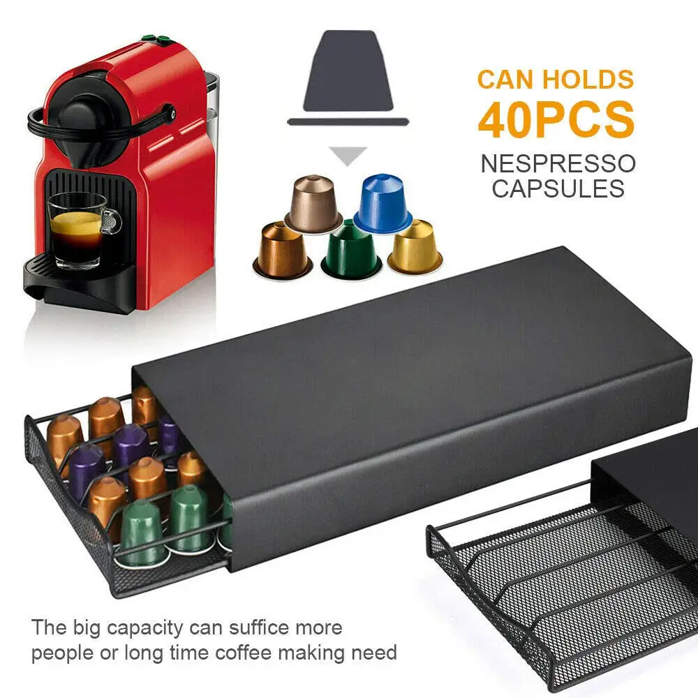 Coffee Pod Holder Storage Organiser, 40 Capacity Pods, Metal Coffee Station for Nespresso Capsules, Home Office Counter, Black