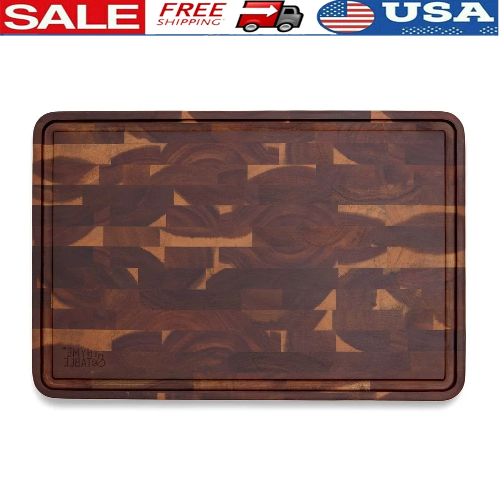 

Acacia End Grain Butcher Block 12x18 Durable Chopping Board Non-Slip Feet Juice Well Easy Clean Carved Handle Indentations Food