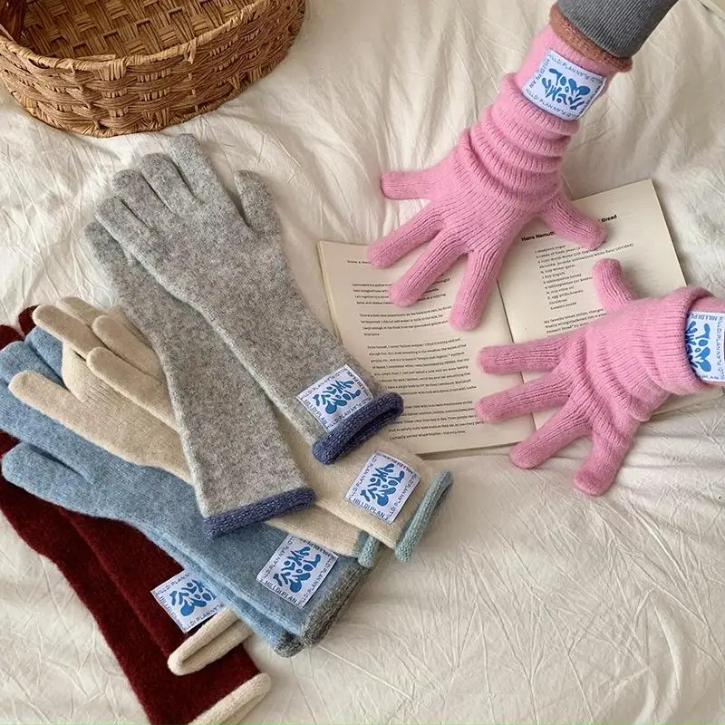 Gants chauds bouclés avec étiquette mi-longue coréenne pour femmes, gants tricotés à cinq doigts pour écran tactile Dopamine, blocage de couleur