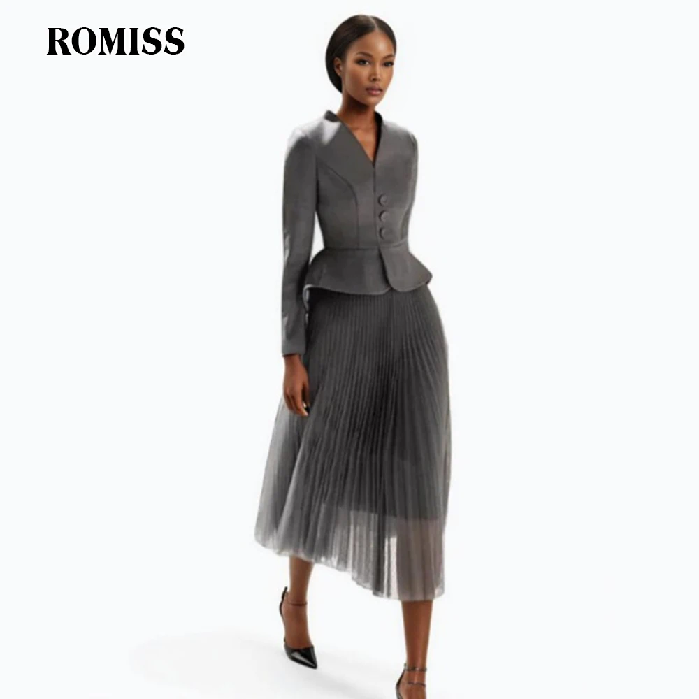 

ROMISS Solid Two Piece Sets For Women V Neck Long Sleeve Single Breasted Tops High Waist Spliced Mesh Skirt Spring Set Female