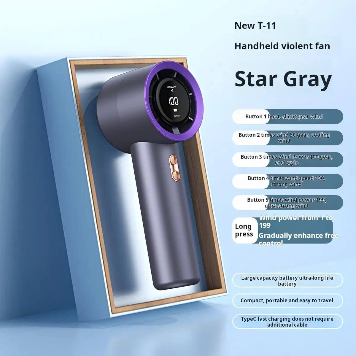 휴대용 핸디 선풍기, 5단계 풍속 조절 및 3000mAh 충전식 배터리 탑재, 야외용 고속 회전 개인용 선풍기