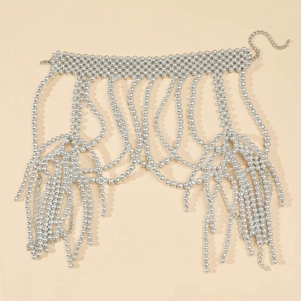 Handmade Beaded Pearl Shoulder Chain Hollow Tassel Imitation Pearl Pearl Shawl Necklace Draped Chain Two Sides Tassel Fringe