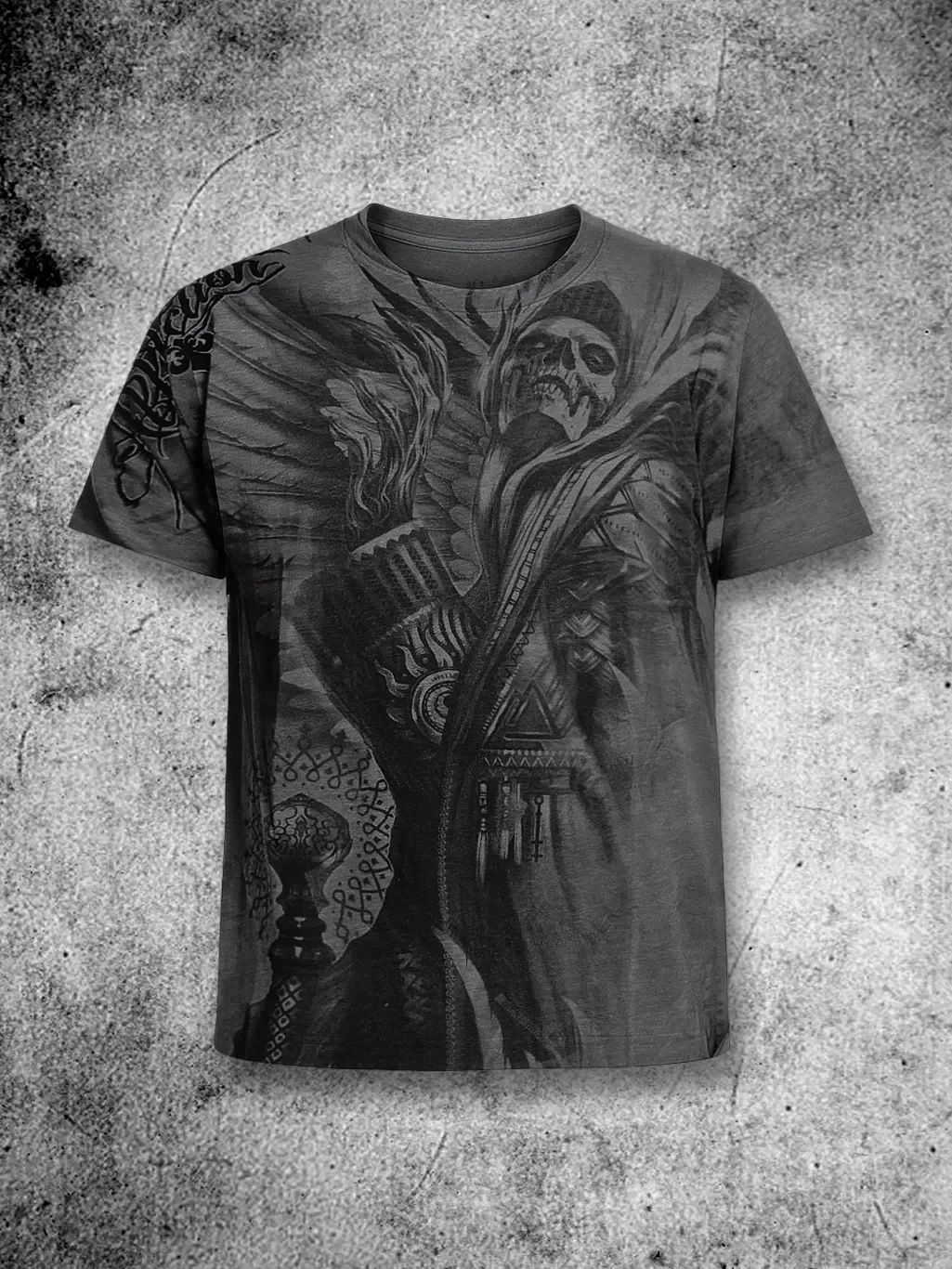 Grey T-shirt Death Skull Wings Gothic Style Heavy Metal Short Sleeve Dark Retro Style Heavy Metal Rock T-shirt