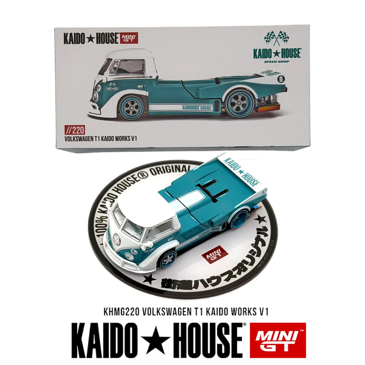 Volkswagen T1 Kaido Works V1 KHMG220 Kaido House 1:64 Hellblau-Weißer Aufbauwagen mit Öffnungsfähigem Heckblech, Widebody-Diecast-Modellauto