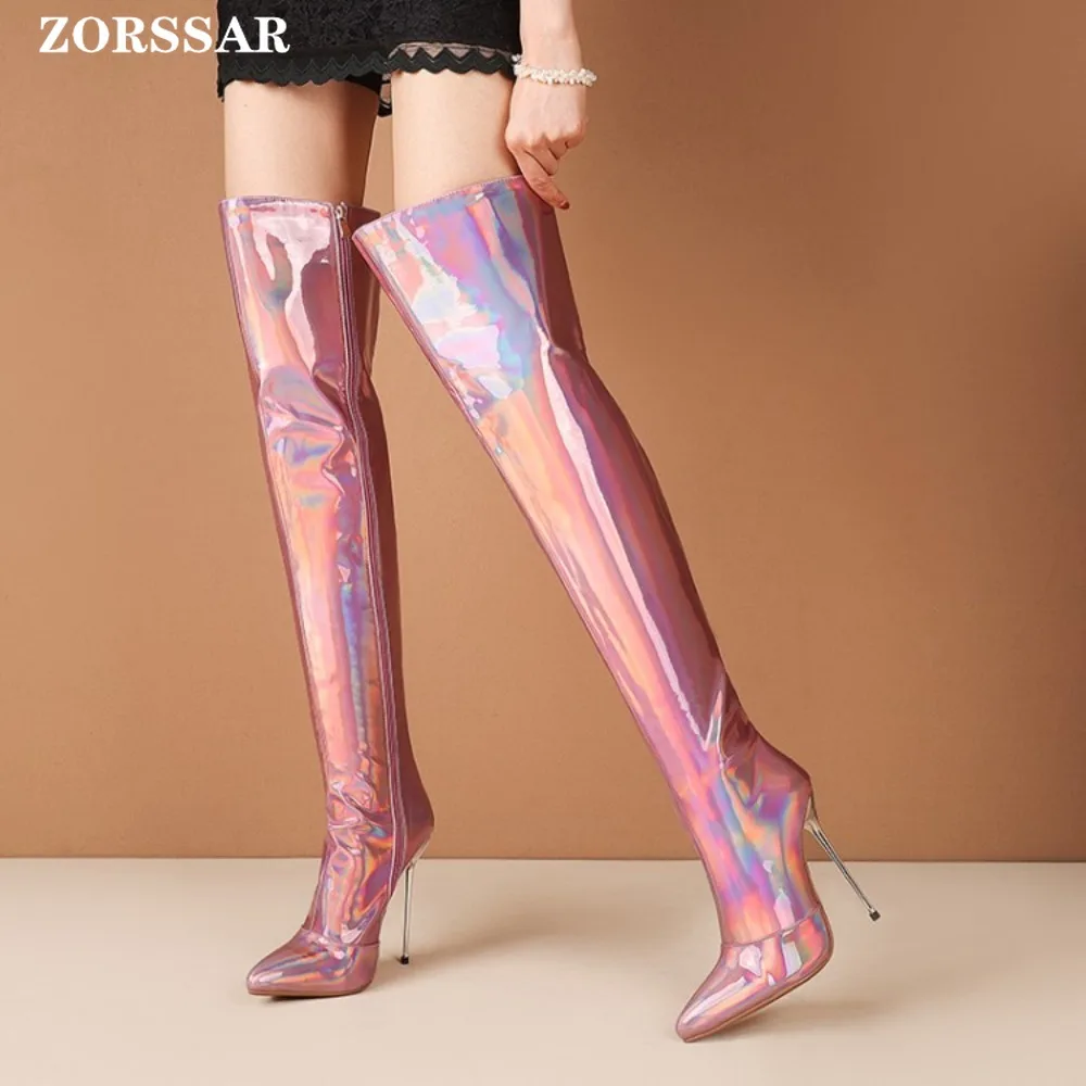 Women Boots Mirror Platform Pointed Toe Sexy High Thin Heels Over The Knee Long Boots Autumn Winter Zip Golden Casual Party Shoe