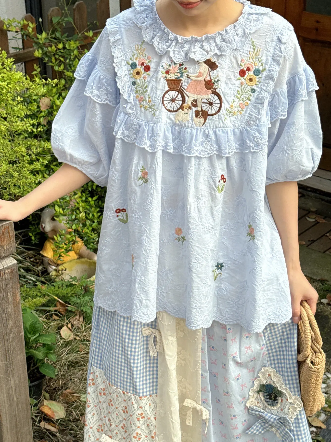

Vintage Blue Embroidery Lace Ruffled Lolita Blouse Women Mori Girl Patchwork Flower Shirt Sweet Kawaii Cotton Top