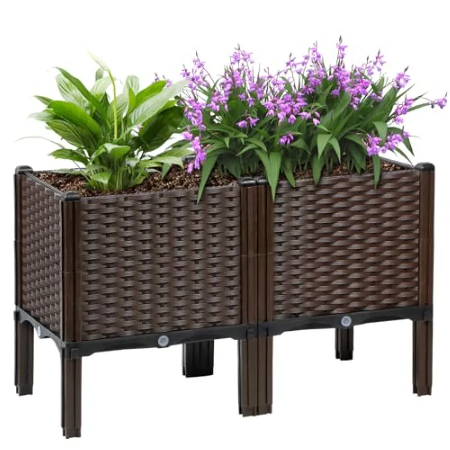 Outdoor Rectangular Elevated Garden Bed With Rattan Finish, Natural Brown Color, Deep 20-Inch Height For Vegetables, Flowers,
