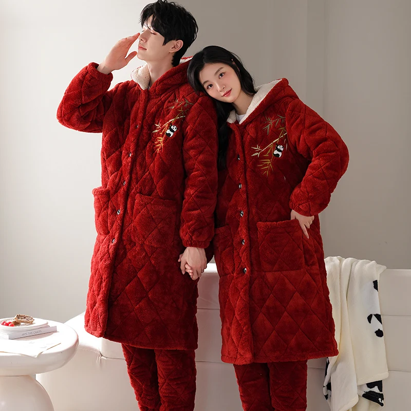 Thick 3 Layer Clip Cotton Hooded Bathrobe+Pant Men Women Winter Warm Kimono Bath Robe Dressing Gown