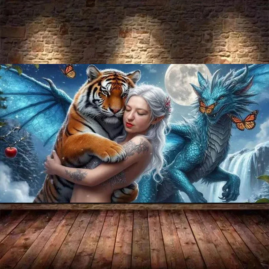 

Сексуальная женщина, обнимает тигры и дракон, большой размер, сделай сам, алмазная живопись, животные, полная дрель, мозаика, вышивка, фотографии 220x110 см