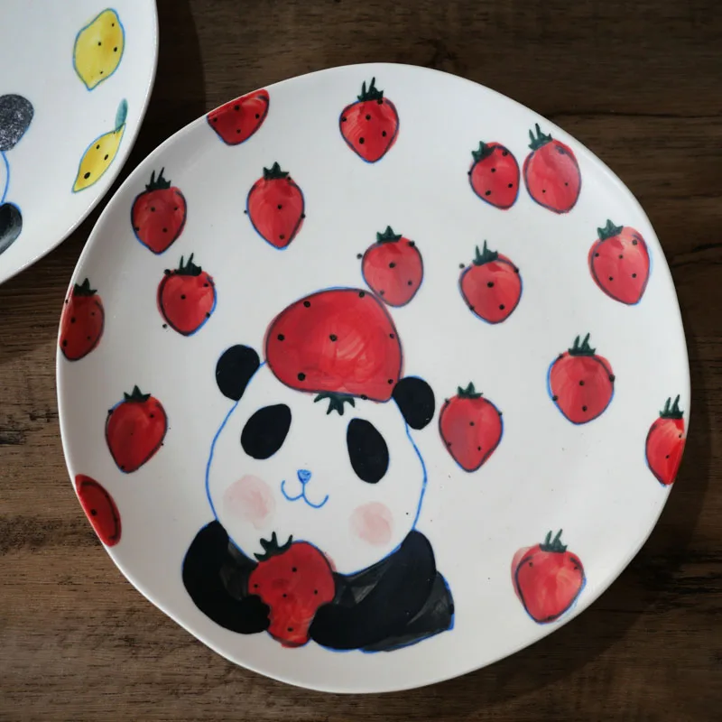 Hand-drawn Panda Strawberry Lemon Design 8-inch Dinner Plate/Dessert Fruit Dish