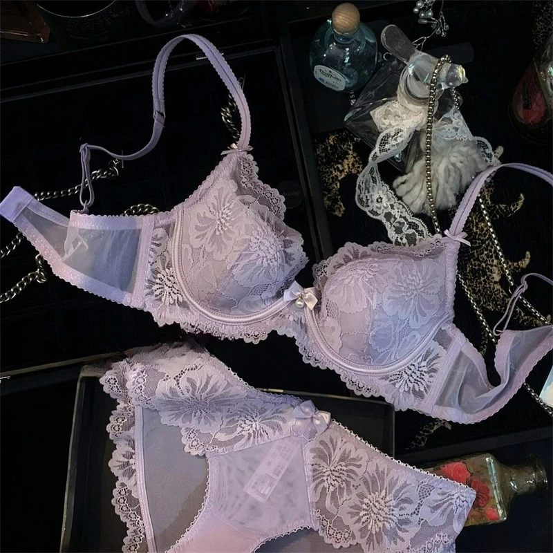 Conjunto de lencería violeta de verano para mujer, sujetador push-up fino francés con encaje sexy y flores bordadas, conjunto de sujetador y bragas.