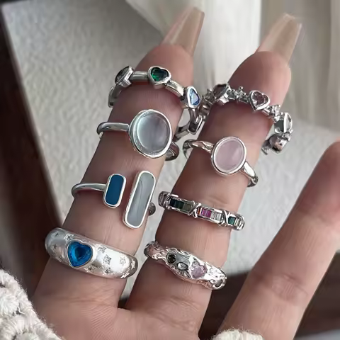 925 Sterling Silver Rings for Women Couple Minimalist Handmade Blue Pink Stone Shinning Ring Fine Jewelry Gift Prevent Allergy