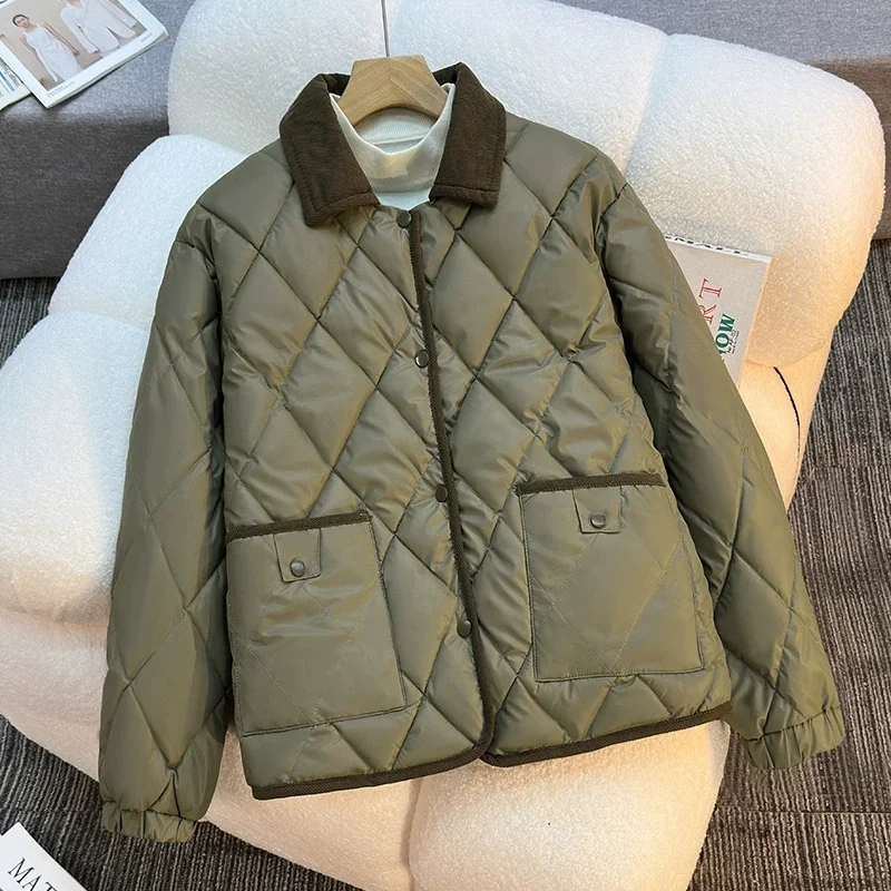 Autumn Winter Cotton-padded Coat Women's Short Jacket Quilted Diamond Lattice Loose Parkas Contrast Color Outerwear