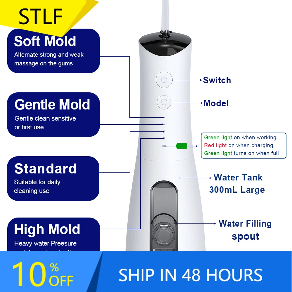 

STLF Teeth Irrigator Clean Ultrasonic Cleaner 4 Modes Cordless USB Rechargeable Water Flosser Oral Care Irrigator for Tooth Clea