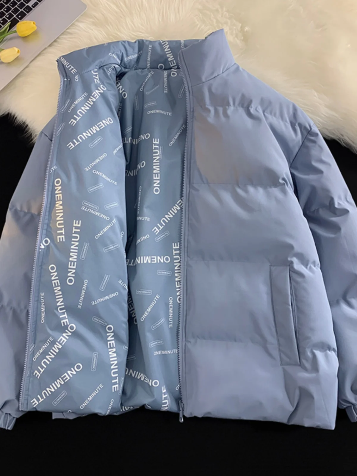 

Double-Sided Wear Thiened down Cotton Jaet for Men Winter Warm Zipper Closure Casual Sle Youth Faion Outerwear