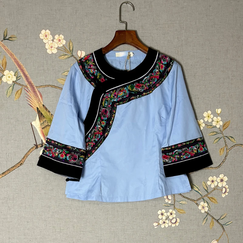 Chinese Ethnic Embroidery Blouse Women 3/4 Sleeve Loose Summer  Tops O-neck Short Tees Ladies Clothes New 2024