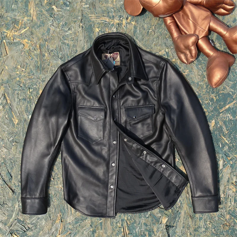 Black Spring Leather Shirt Men Casual Style Plus Size 5XL Genuine Natural Sheepskin Turn-Down Collar Single Breasted Coat