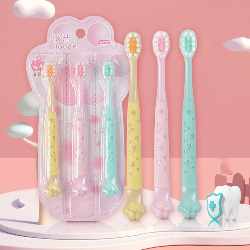9/3-piece set, assorted colors, cat paw-shaped toothbrush set for children, suitable for kindergarten oral hygiene, cartoon design, easy to store, essential for travel, portable and fun