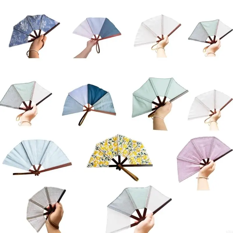 Handmade Wooden Folding Fan with Linen Fabric Elegant Wooden Hand Fan Upgrades for Summer Cooling & Fashion Accessories 87HA