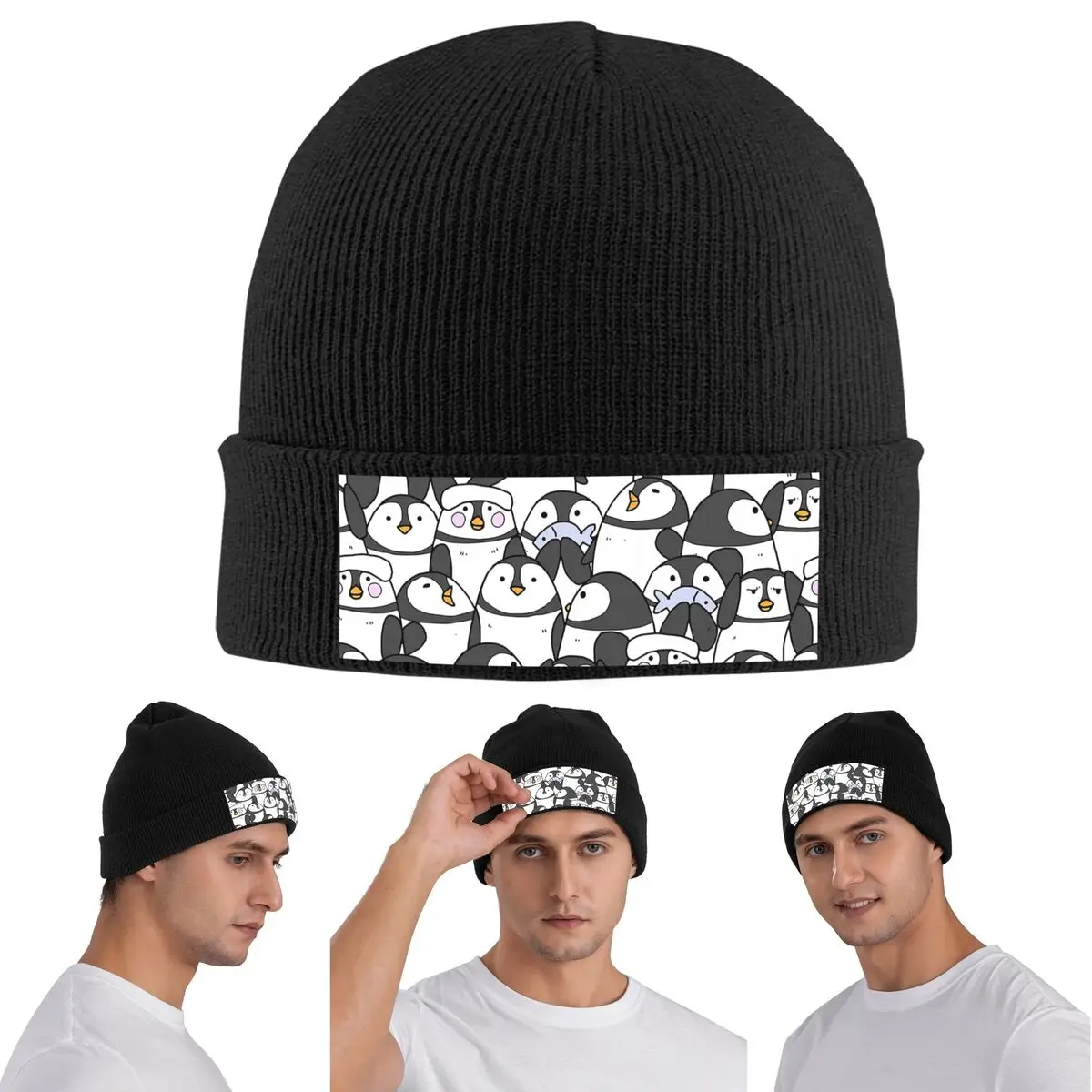 Hand Drawn Penguin Set Warm Knitted Cap Winter Knit Bonnet Hat Skullies Beanies Hip Hop Caps for Unisex