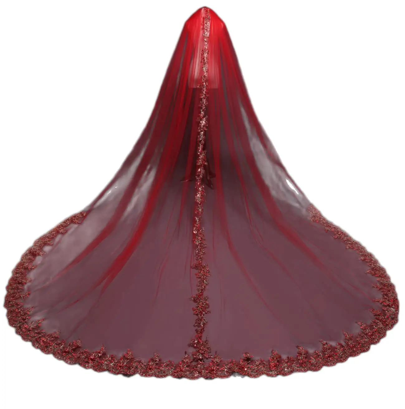

Long Red Appliques Tulle Wedding Bridal Veil Cathedral Length Bridal Hair Accessories With Comb