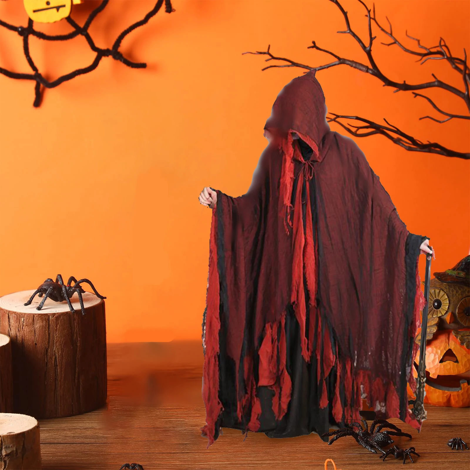 أزياء الهالوين للبالغين، عباءة ممزقة بغطاء للرأس/منجل لملابس الحفلات التنكرية