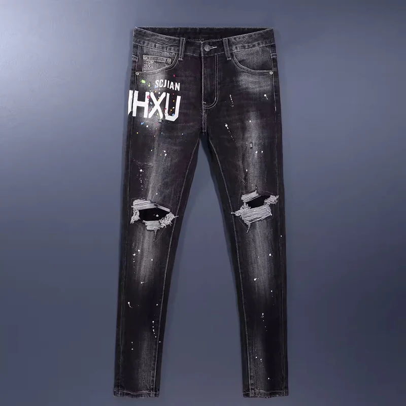 

High Street Fashion Men Jeans Retro Black Gray Stretch Slim Fit Printed Ripped Jeans Men Patched Designer Hip Hop Denim Pants