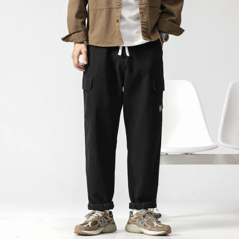 

Men's fall black straight leg loose trend cargo pants pocket design fashion casual pants