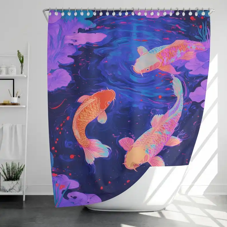 Japanese Koi Fish Shower Curtain Zen Bathroom Decor Colorful Waterproof Custom Curtain with Lotus Pond Art Made