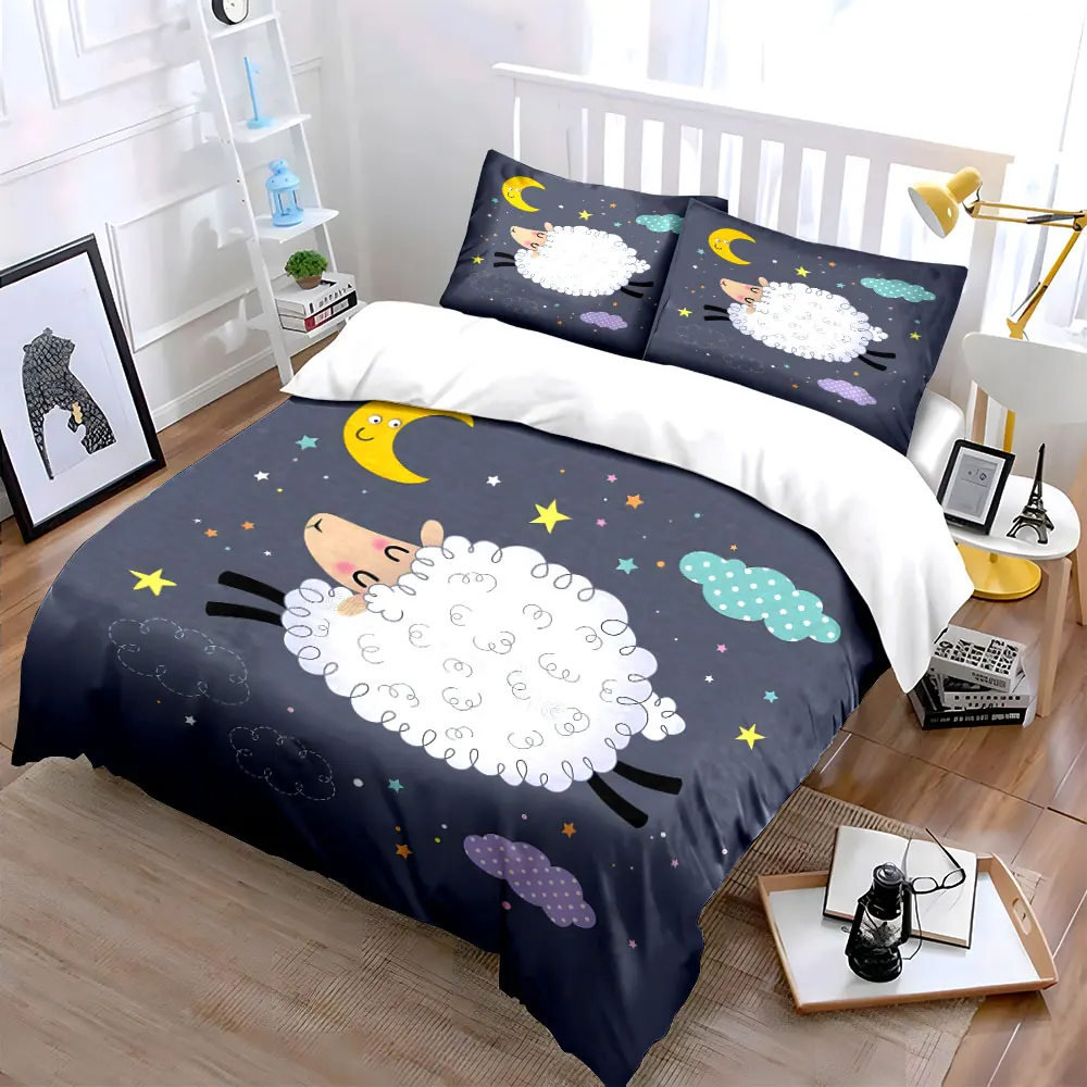 Dreamy Sheep Jumping with Moon Duvet Cover Set with 3D Printing Design Soft Polyester Bedding Set All-Season Comfort for gifts
