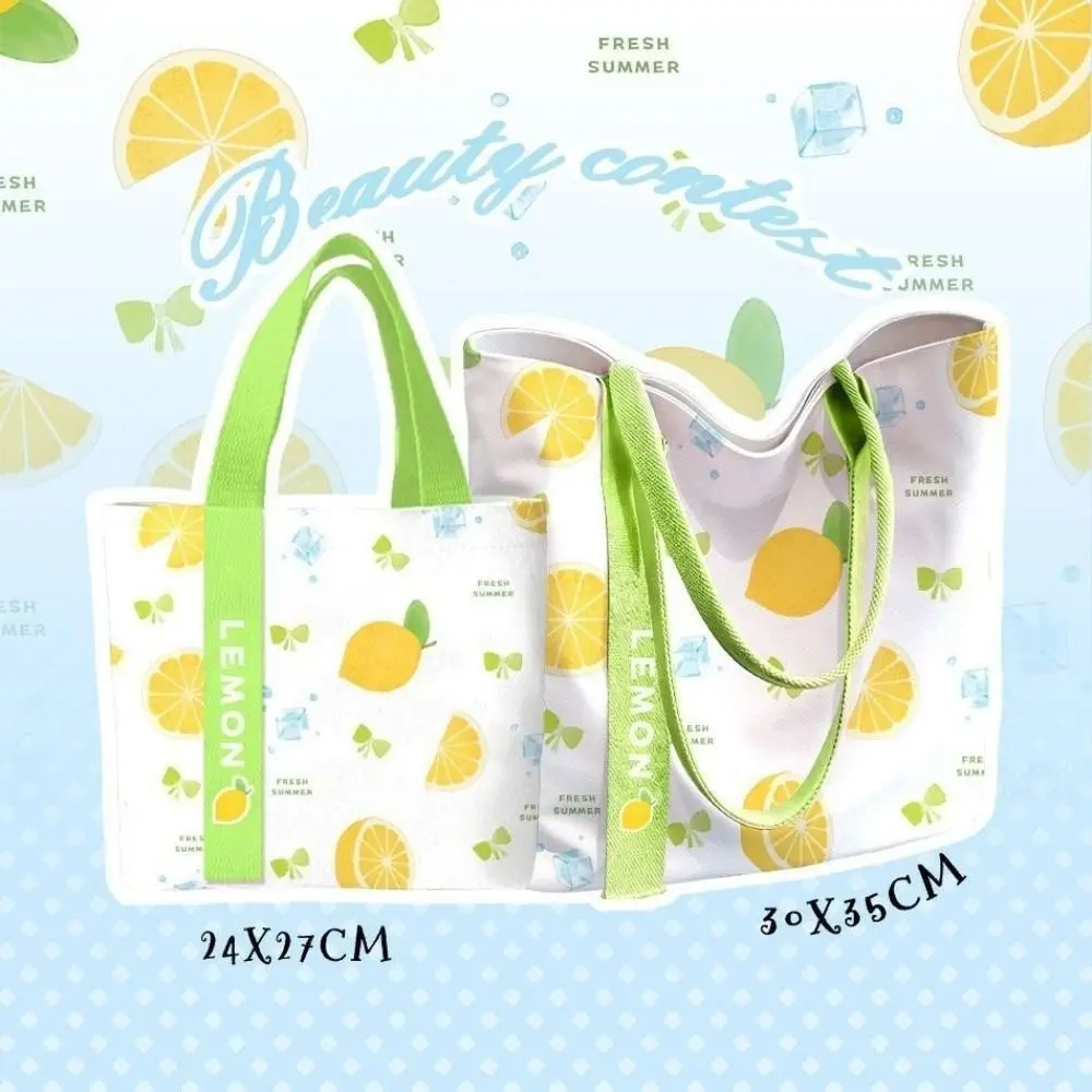 Fashion Canvas Tote Bag Floral & Lemon Print Open Top Single Shoulder Bag Large Capacity Handbag Women Girls