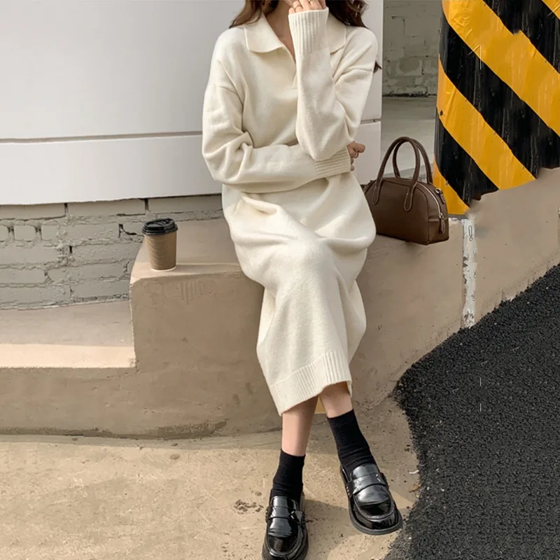 

Autumn and Winter New Women's Long Knee Length Slouchy Loose Sweater Knitted Dress