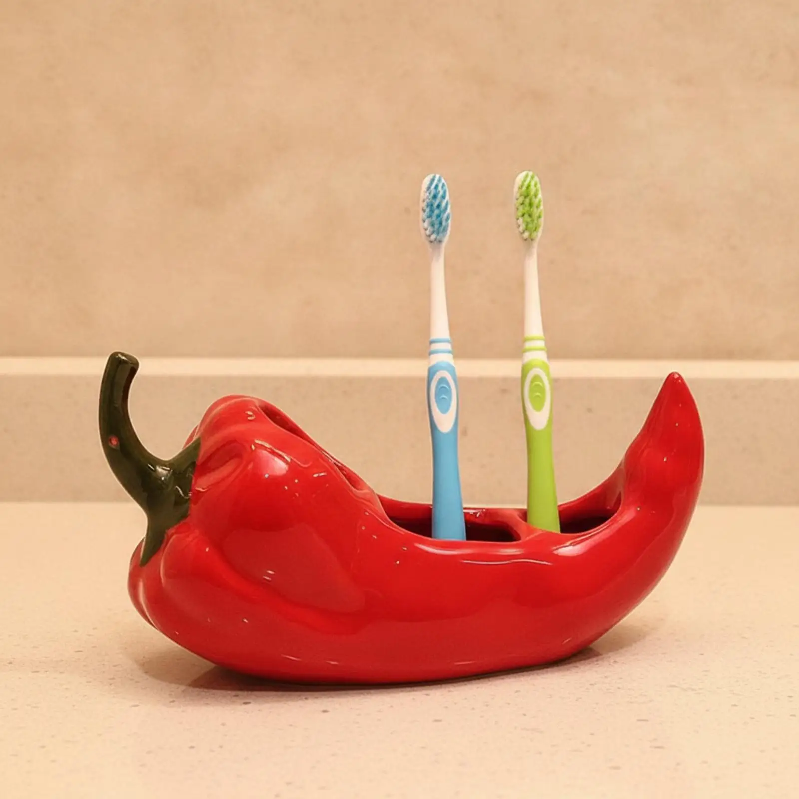 Decorative Red Pepper Toothbrush Organizer with Paste Compartment for Tidy Countertop Storage