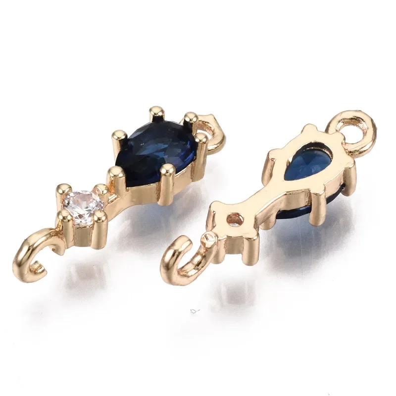 5pc Brass Micro Pave Cubic Zirconia Links Connectors with Glass Long-Lasting Plated Light Gold Teardrop Prussian Blue 17x5x3.5mm