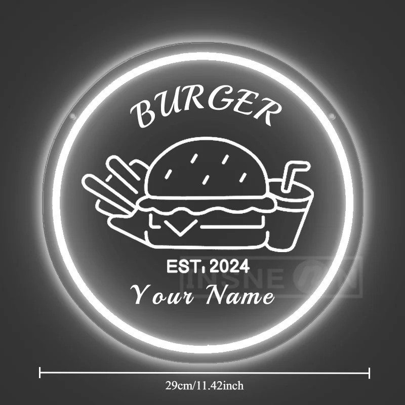 Customized Burger Neon Sign - USB-Powered LED Wall Art with Your Name Perfect for Restaurants, Diners, Offices, and Home Bars
