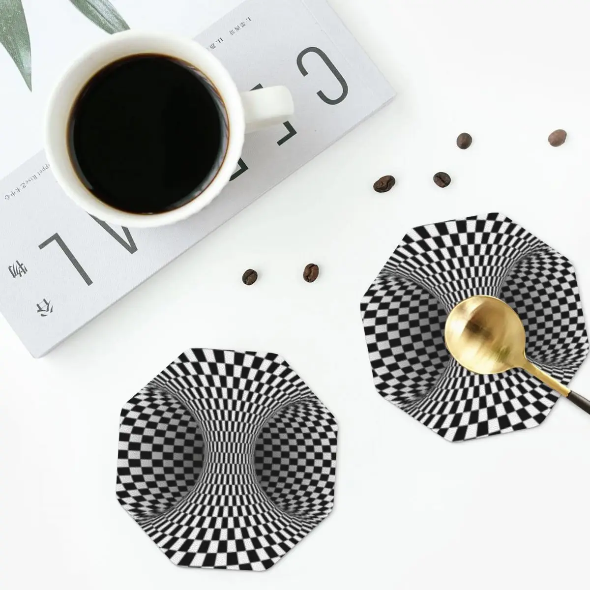 Optical Black And White Illusion Coasters PVC Leather Placemats Non-slip Insulation Coffee Mat Home Kitchen Dining Pads Set of 4