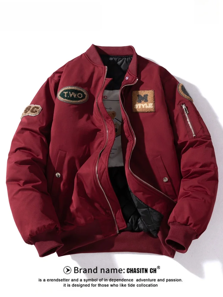 

Красная утепленная хлопковая куртка для мужчин и пар, свободного кроя, зимняя верхняя одежда, защита от холода, модный городской стиль, полиэстер