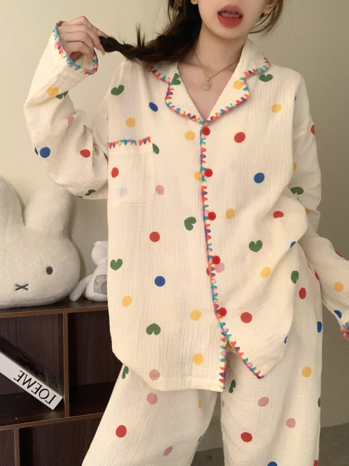 Sweet Heart Print Cloud Cotton Nightgown Women's Long Sleeve Home Clothes Spring Autumn New Style Comfortable Soft Cotton Pajama
