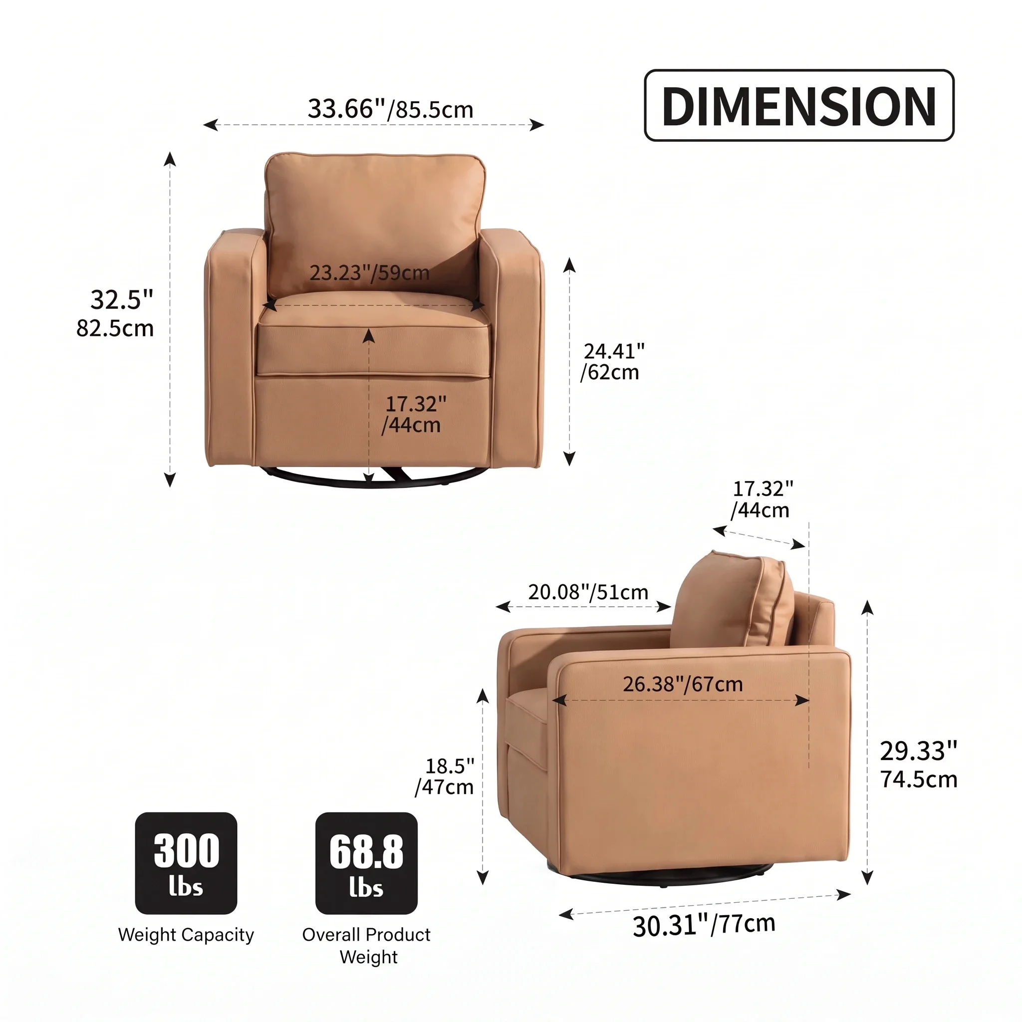 33.66-inch 360-degree Rotating Sofa With Hidden Storage Space Made Of Tech Cloth Fabric Suitable For Living Room Bedroom and Reading Corner
