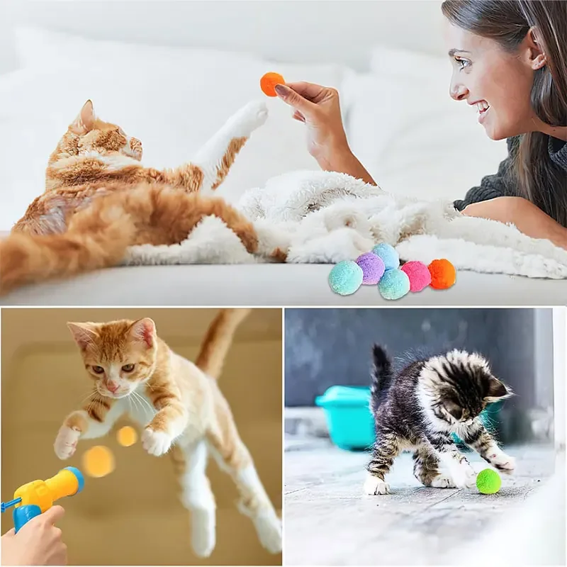 Cat Plush Ball Shooting Gun 1 Set Cat Toy Interactive High Fun Toy Gun 20PCS Plush Ball Launches Quiet High Bounce Ball