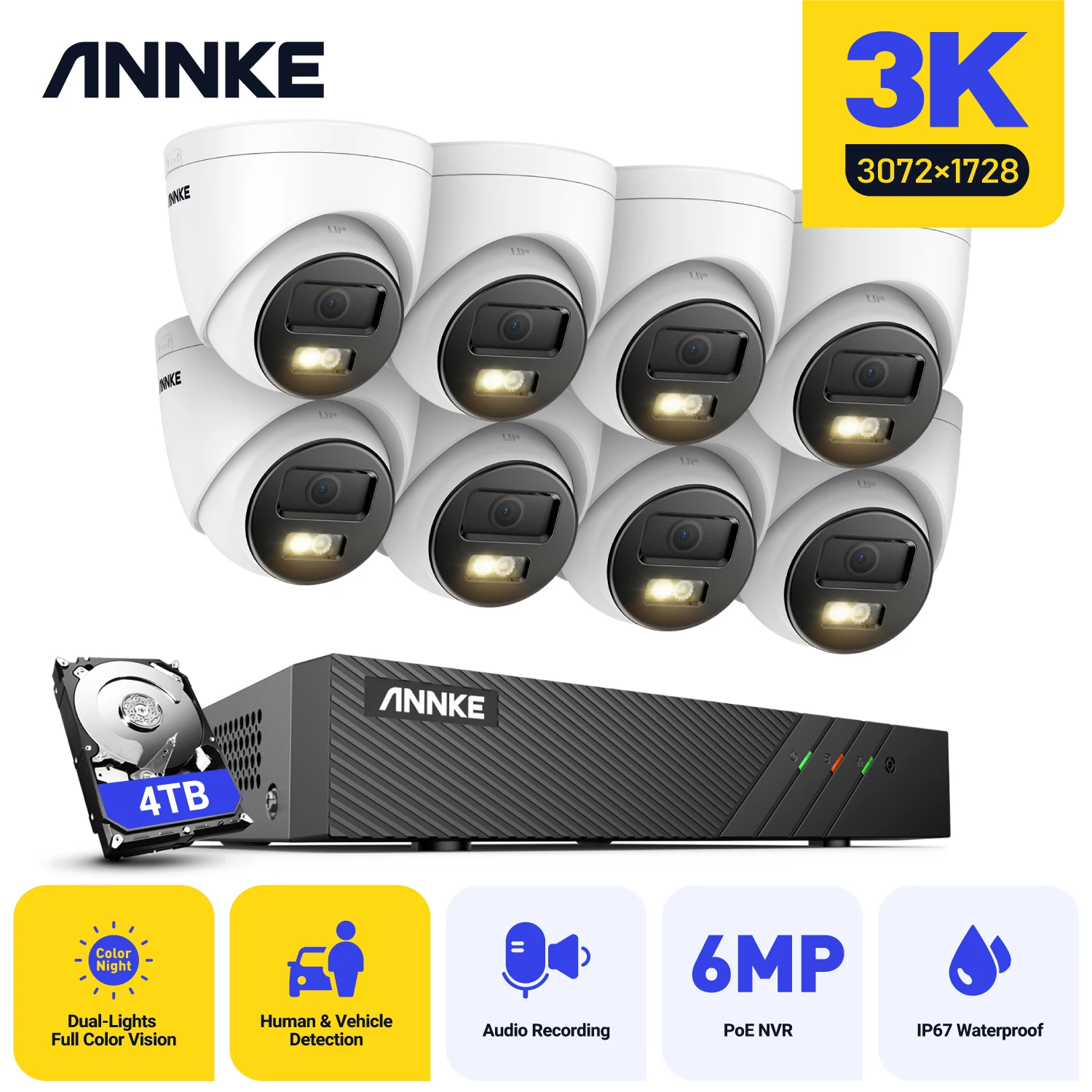 Annke 3K 6MP Security Video Surveillance Cameras H.265+ Human Tracking Two Way Audio POE Camera Support 256GB SD Card Storage