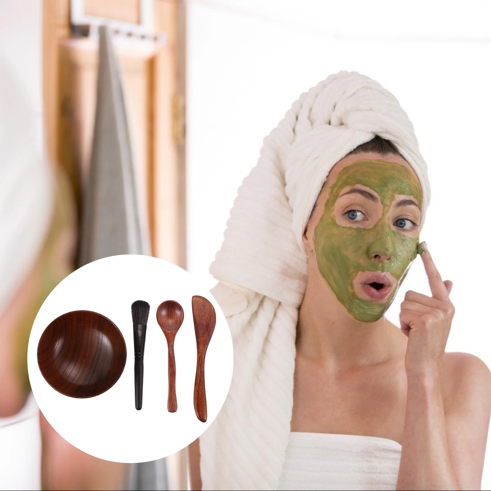 

Face Mask Mixing Bowl Set Spatula Wooden Surface Facial Brush Applicator Travel