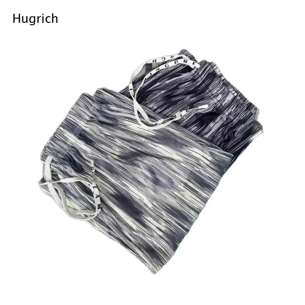 Gradient Striped Wide Leg Casual Trousers Gray White Elastic Waist Drawstring Pants for Daily Outfits
