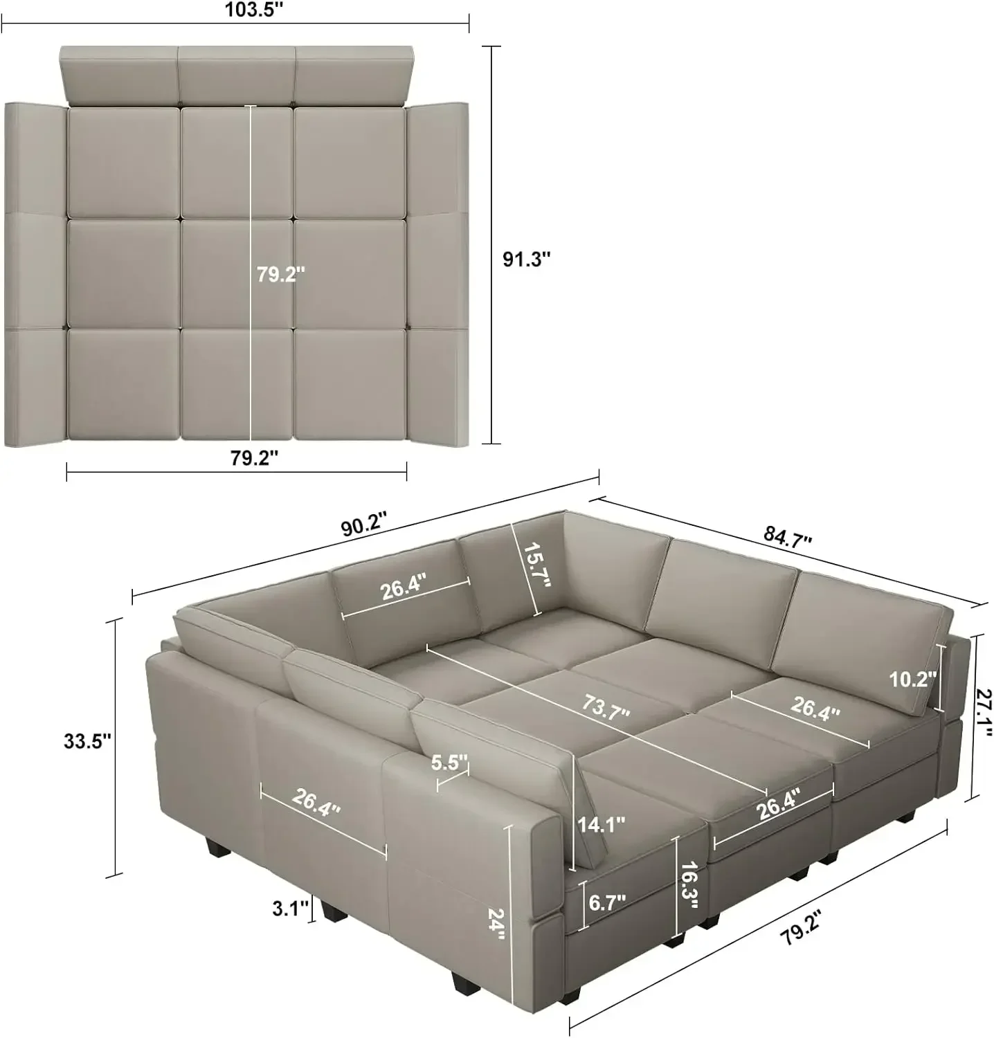 Reversible Velvet Modular Sectional Sleeper Sofa Bed with Ottomans, Storage and Chaise - Grey