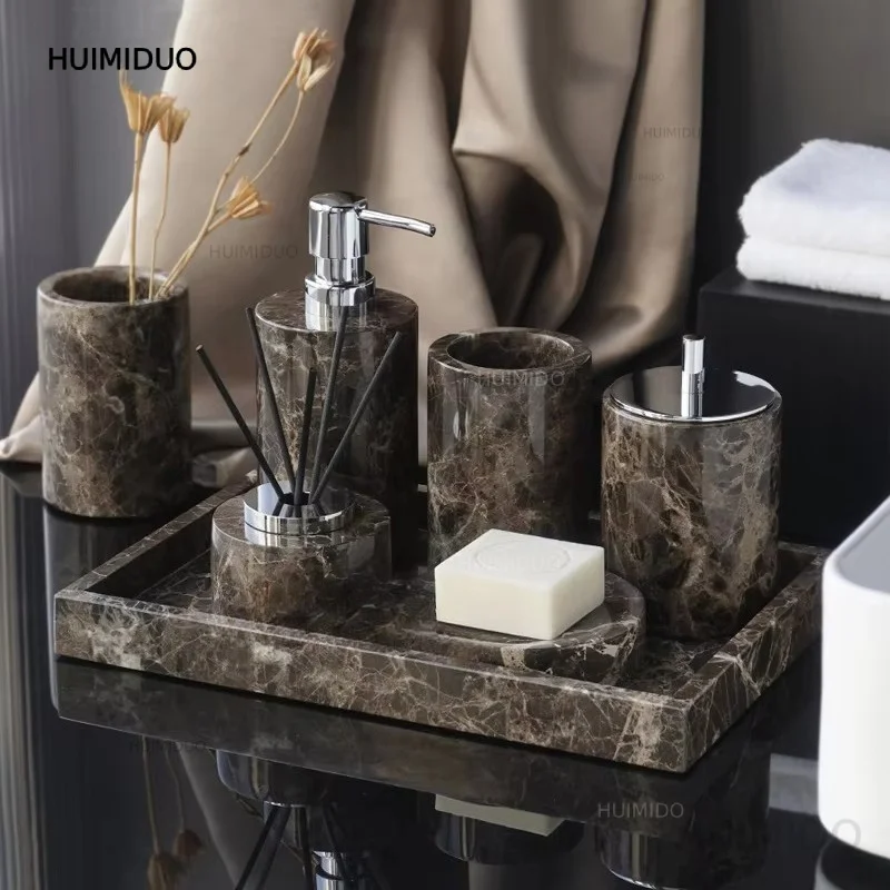 Emperador Dark Natural Marble Bathroom Accessories Luxury Soap Dispenser Soap Dish Reed diffuser Bathroom Set