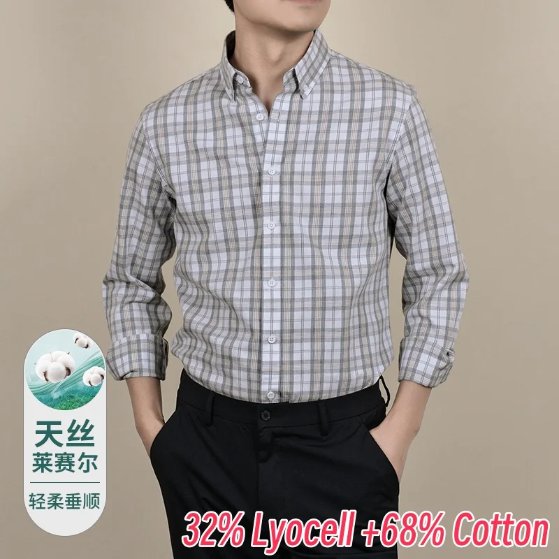 Lyocell 32% Mannen Zakelijke Overhemden 2025 Lente Casual Gestreepte 68% Katoenen Tops Lange Mouw Mannelijke Klassieke Plaid Formele Shirts