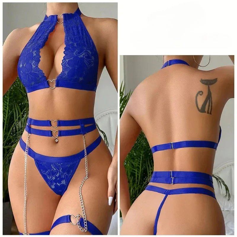 Conjunto de lencería para mujer, sujetador de cadena de acero con encaje de malla transparente, lencería sexy